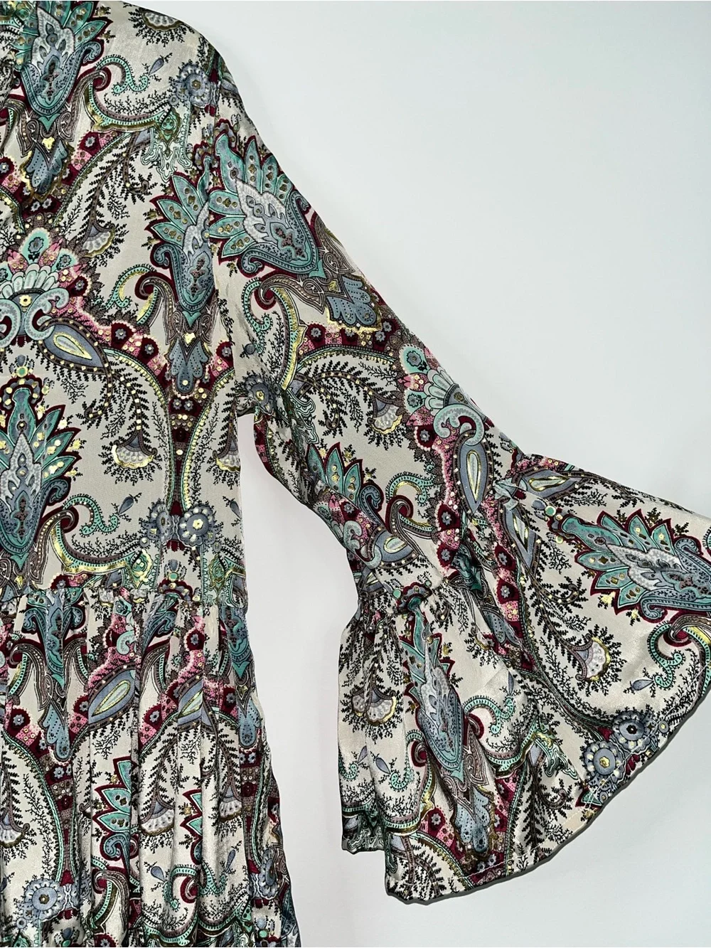 Paani Paisley Bell Sleeve Tunic Dress Medium Boho Multicolor Tiered Resortwear - Picture 4 of 11